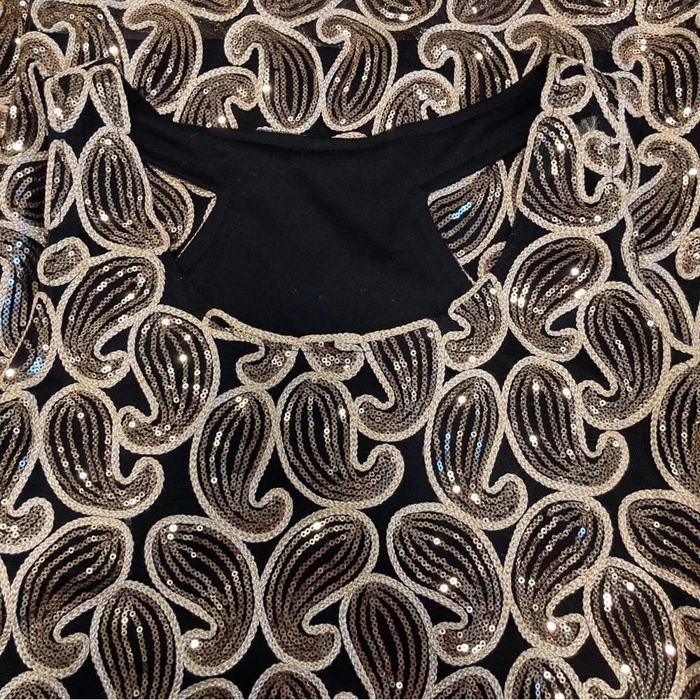 Black and Gold Sleeveless Sheath Dress Fringe Paisley Sequins - Picture 15 of 15